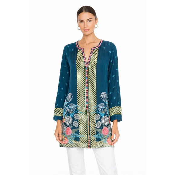 Johnny Was Tops - Johnny Was Tunic Women Large Teal Floral Embroidered Cupra Rayon Boho Split Neck